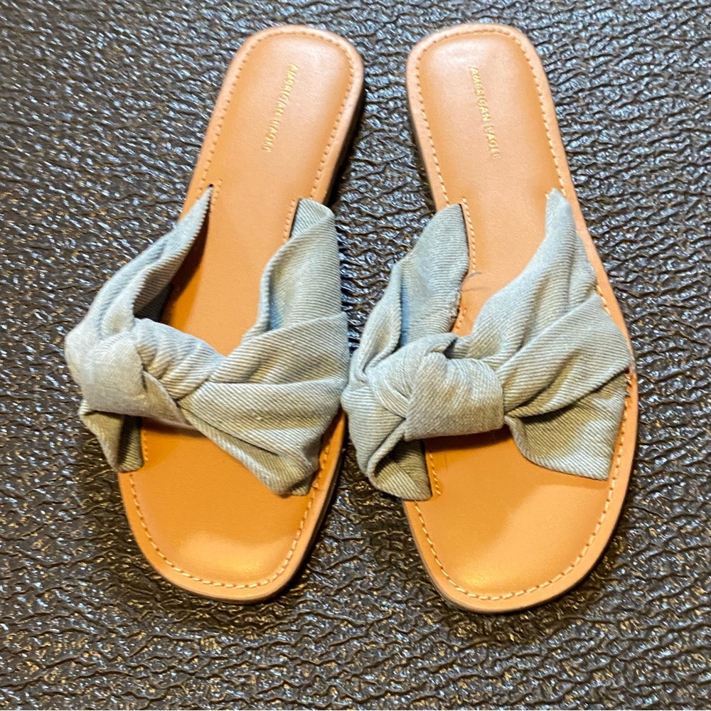 American Eagle Outfitters Chambray Denim Tie Knot Slide Sandals sz 8